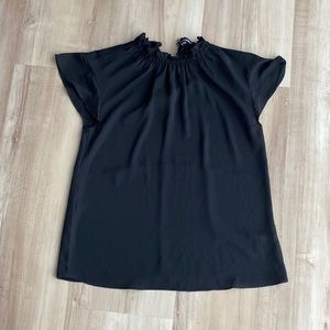 EUC Express Sheer Black Ruffle Neck Short Sleeve Blouse